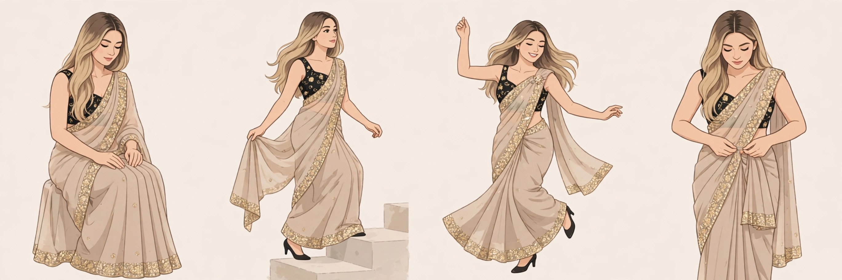 Illustrated storyboard: sitting, stairs, dancing and pinning a saree while wearing it