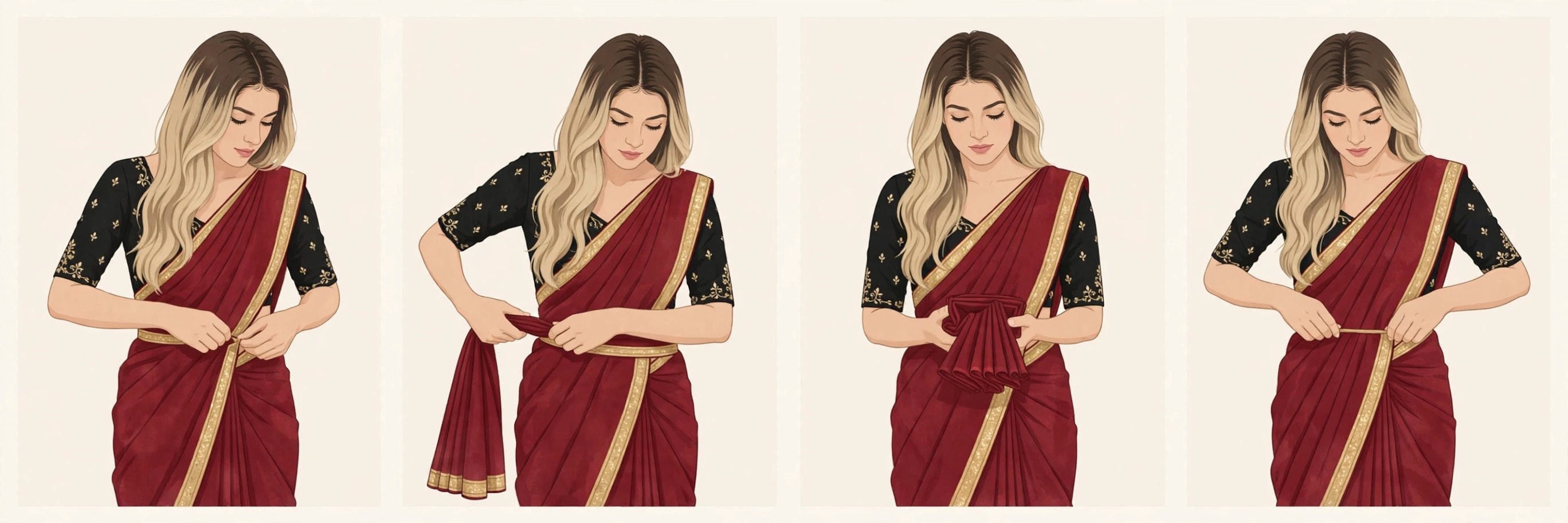 Illustrated storyboard: Nivi drape steps 1 to 4 — tuck, wrap, fold pleats, tuck pleats