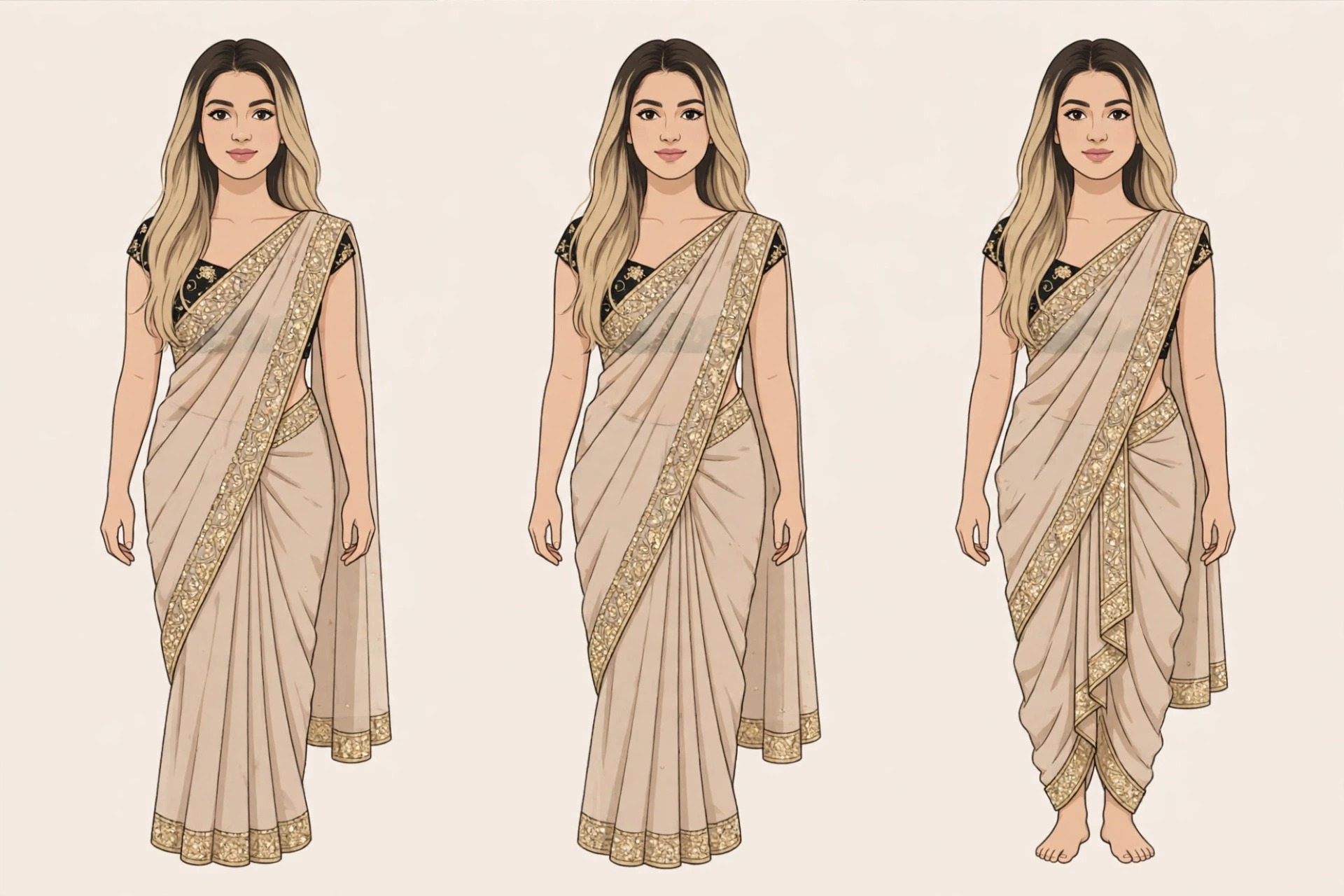 Illustrated storyboard: Bengali, Gujarati and Maharashtrian nauvari drapes
