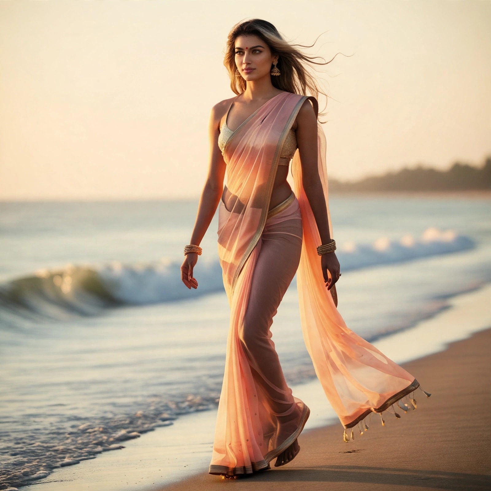 Naya in a peach sheer saree on the beach