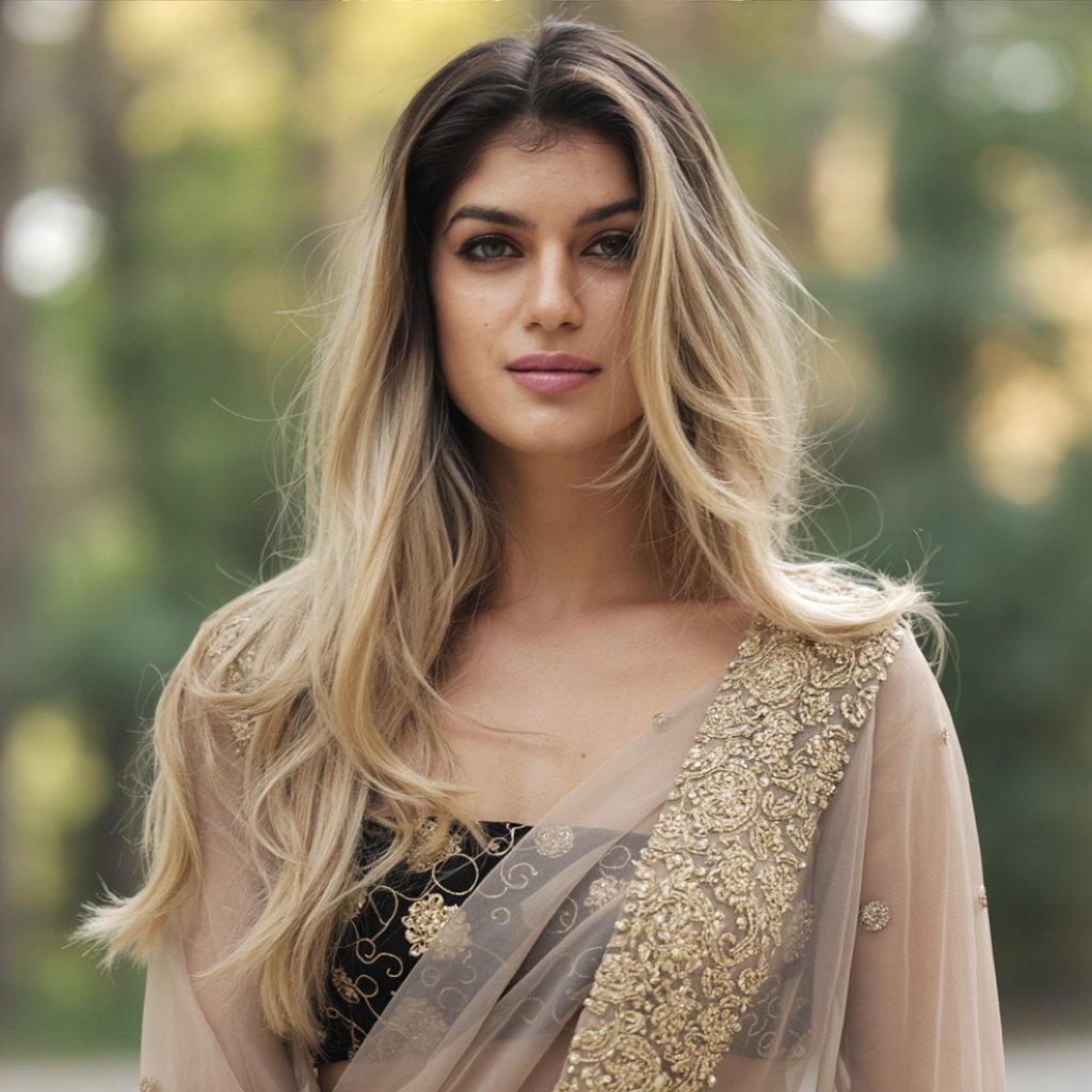 Naya wearing a sheer embellished saree outdoors